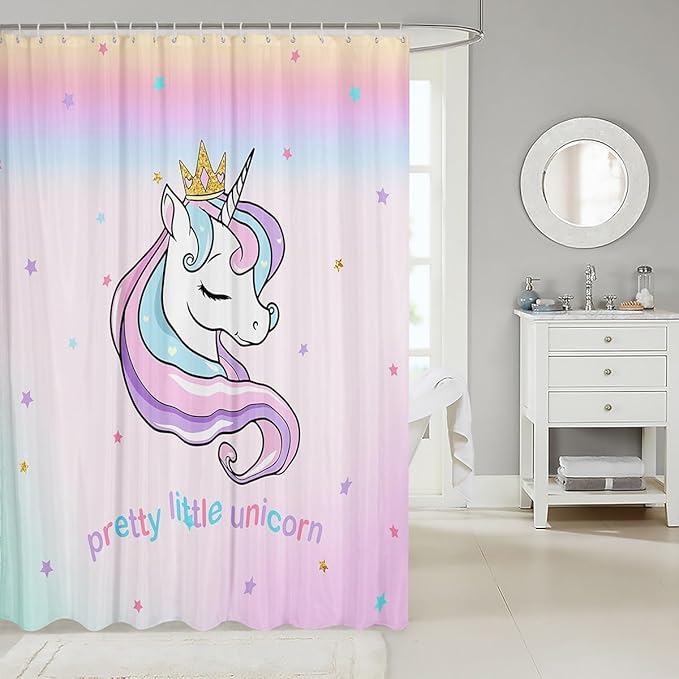 Feelyou Unicorn Bathroom Shower Curtain Set Cute Unicorn Bath Curtain for Kids Toddler Boys Girls Cartoon Unicorn Shower Curtain Girl Unicorn Kids Bathroom Accessories 72"x78"