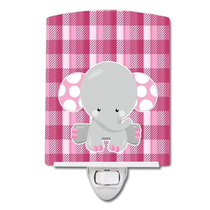 Caroline's Treasures BB6952CNL Elephant Pink Gingham Ceramic Night Light Compact, UL-Certified, Ideal for Bedroom, Bathroom, Nursery, Hallway, Kitchen, 6x4x3, Multicolor
