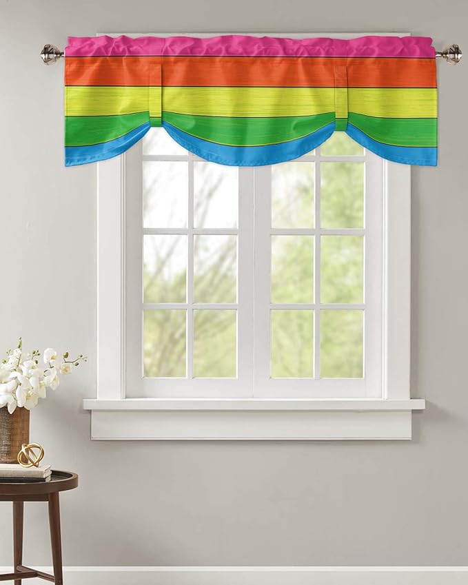 Farmhouse Blackout Tie Up Valance Curtains for Kitchen Windows,Rainbow Retro Rustic Barn Wood Texture Window Toppers Balloon Shades for Living Room/Bathroom/Bedroom,1 Panel,42" X 12" -1 Panel