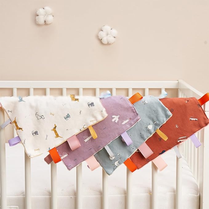Baby Tags Security Blanket, Sensory Soothing Blanket with Tags,Dotted Backing Taggies Blanket for 3-12 Months Boys and Girls. (Rainbow)