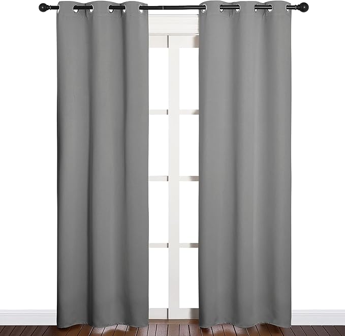 NICETOWN Bedroom Curtains Blackout Drapery Panels, Three Pass Microfiber Thermal Insulated Solid Ring Top Blackout Window Curtains/Drapes (Two Panels, 34 x 84 inches, Silver Grey)