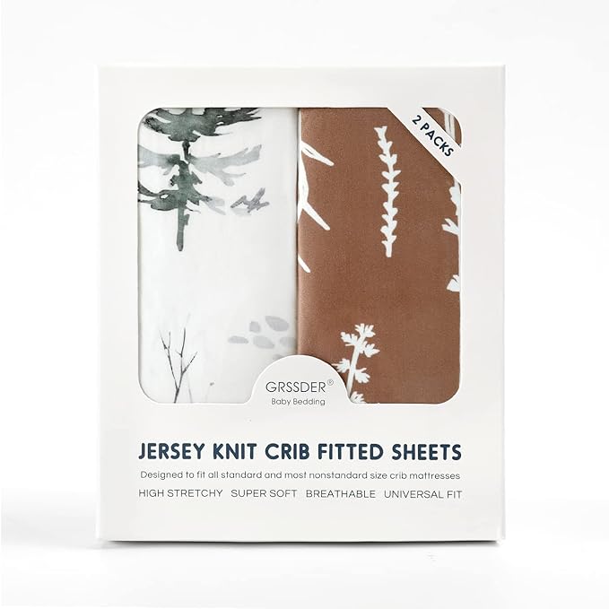 GRSSDER Stretch Ultra Soft Jersey Knit Fitted Crib Sheets Set 2 Pack，Fit All Standard Crib Mattress Pads Safe and Snug, Stylish Pattren of Jungle Animals
