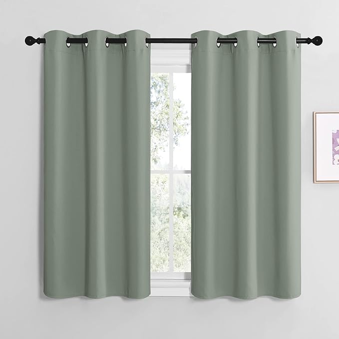 NICETOWN Greyish Green Room Darkening Curtains for Kitchen, Window Treatment Thermal Insulated Solid Grommet Room Darkening Curtains/Drapes for Bedroom (Set of 2, 42 inches Wide by 48 inches Long)