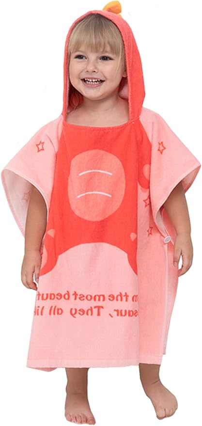 TONWHAR Kids Bath/Pool/Beach Hooded Poncho Towel-Cartoon Animal Pattern Cotton Beach Towel for Baby and Kids (Pink Dinosaur, 5-9 Years/Height:43.3"-51.2")
