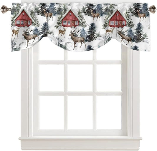 Christmas Blackout Tie Up Valance Curtains for Kitchen Windows Red Farmhouse Barn Window Toppers Balloon Shades for Living Room/Bathroom/Bedroom,1 Panel,60" X 18" Elk