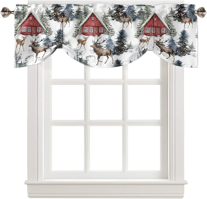 Christmas Blackout Tie Up Valance Curtains for Kitchen Windows Red Farmhouse Barn Window Toppers Balloon Shades for Living Room/Bathroom/Bedroom,1 Panel,42" X 18" Elk