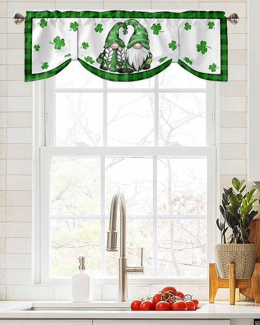 Gnome St. Patrick's Day Blackout Tie Up Valance Curtains for Kitchen Windows Buffalo Plaid Shamrock Window Toppers Balloon Shades for Living Room/Bathroom/Bedroom,1 Panel, 42" X 12", Spring Holiday