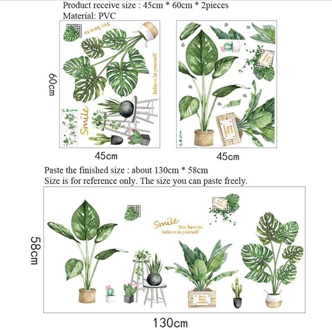 Green Plants Wall Stickers - SHCHA Tropical Plants Removable Wall Decals for Family Living Room Background Wall Decoration Kids Bedroom Kitchen Office Nursery Room Potted Wallpaper