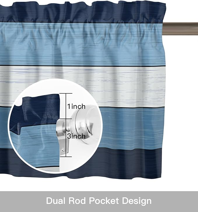 Farmhouse Kitchen Curtains Valances for Windows ,Navy Sky Blue White Rod Pocket Country Window Treatment for Kitchen /Living Room/Bedroom/ Bathroom,42" X 18" -1 Panel, Retro Rustic Barn Wood Texture