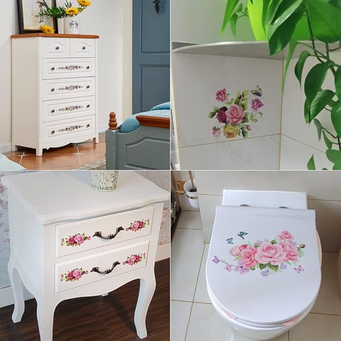 2 Sheet Lotus Flower Sticker Watercolor Flowers Wall Decals Floral Wall Stickers for Smooth Surface, Bathroom, Living Room, Bedroom and Girls Room