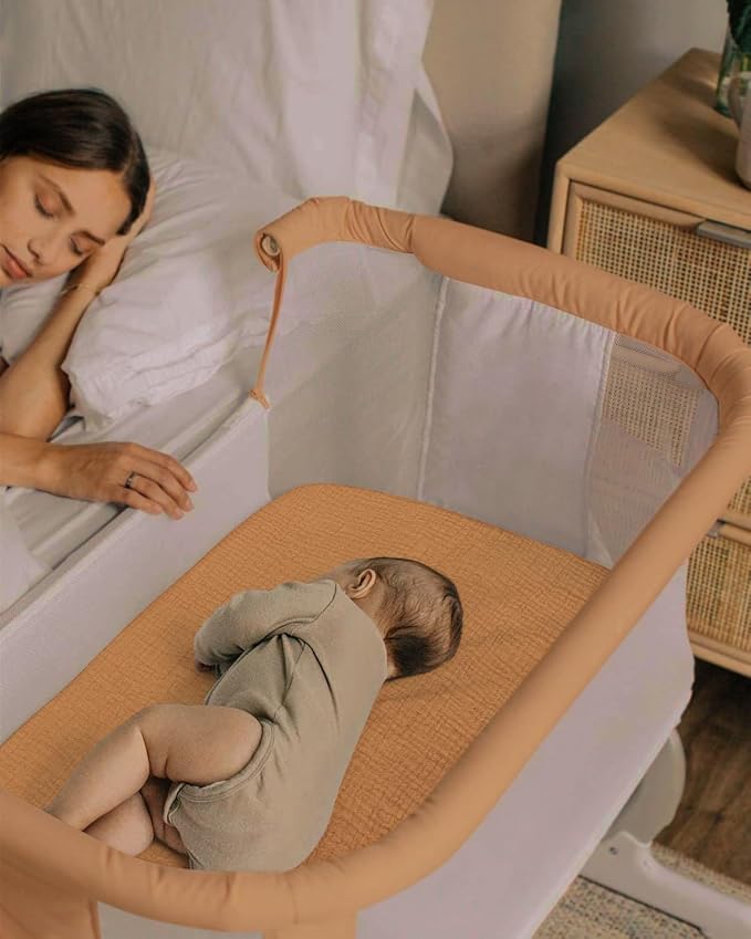 Blissful Diary Muslin Bassinet Sheets for Baby Girls Boys, Boho Soft Cotton Fitted for Oval Hourglass Rectangle Mattress, 2 Pack(Retro Yellow&Beige)