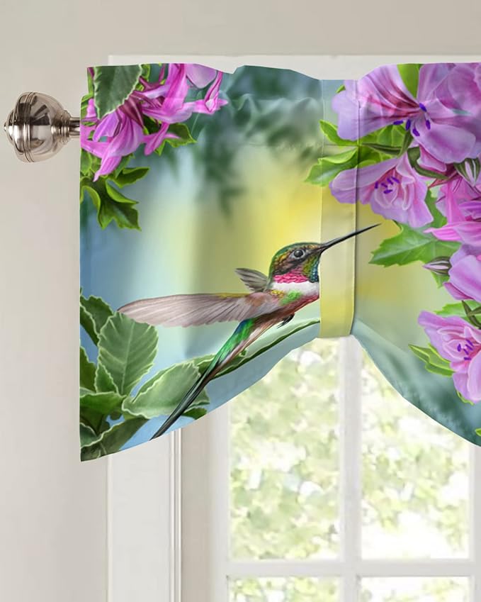Pink Flowers Blackout Tie Up Valance Curtains for Kitchen Windows Hummingbird Window Toppers Balloon Shades for Living Room/Bathroom/Bedroom,1 Panel,42" X 18"