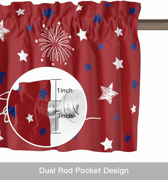 Patriotic 4th of July Kitchen Curtains Valances for Windows Red White Blue Stars Freedom Rod Pocket Window Treatment for Kitchen /Living Room/Bedroom/ Bathroom, 42" X 12", Memorial Day Summer