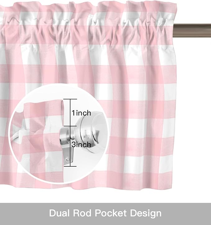Christmas Valance Curtains for Kitchen Windows Rustic Pink White Buffalo Check Plaid Pattern Rod Pocket Window Treatment Toppers for Kitchen/Living Room/Bedroom/Bathroom, 54" X 18", Farmhouse