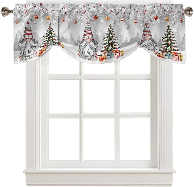 Christmas Gnome Blackout Tie Up Valance Curtains for Kitchen Windows Winter Merry Christmas Tree Balls Window Toppers Balloon Shades for Living Room/Bathroom/Bedroom,1 Panel, 42" X 12", Grey