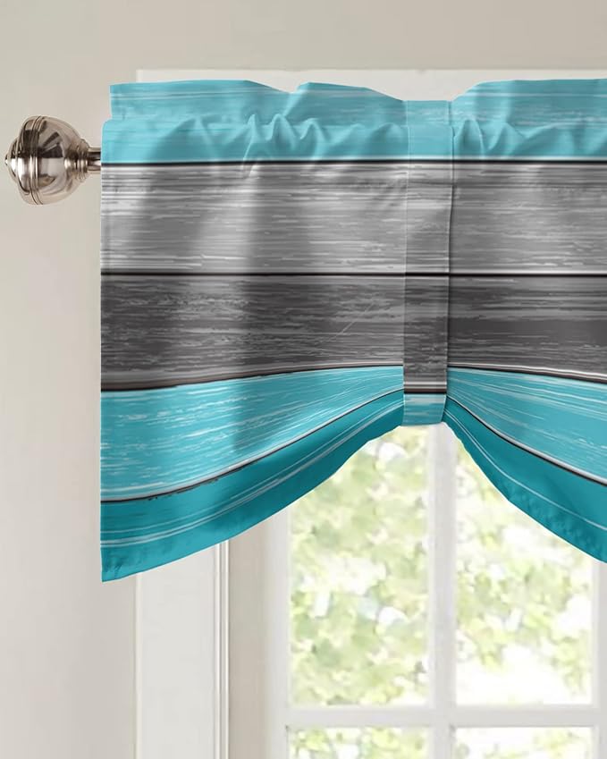 Farmhouse Blackout Tie Up Valance Curtains for Kitchen Windows, Aqua Blue Gray Window Toppers Balloon Shades for Living Room/Bathroom/Bedroom,1 Panel,42" X 18" Retro Rustic Barn Wood Texture