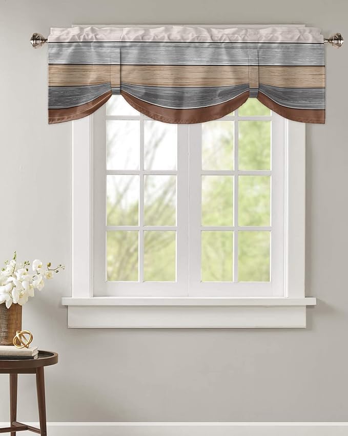 Farmhouse Fall Blackout Tie Up Valance Curtains for Kitchen Windows, Brown Grey Window Toppers Balloon Shades for Living Room/Bathroom/Bedroom,1 Panel,42" X 18" Retro Rustic Barn Wood Texture