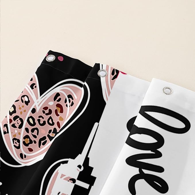 AILONEN Heart Love Shower Curtain for Bathroom, Black and White Eiffel Tower Print Bath Curtain,Pink Hearts Girls Women Shower Curtain Decoration Waterproof with 12 Plastic Hooks, 72" W*72" H