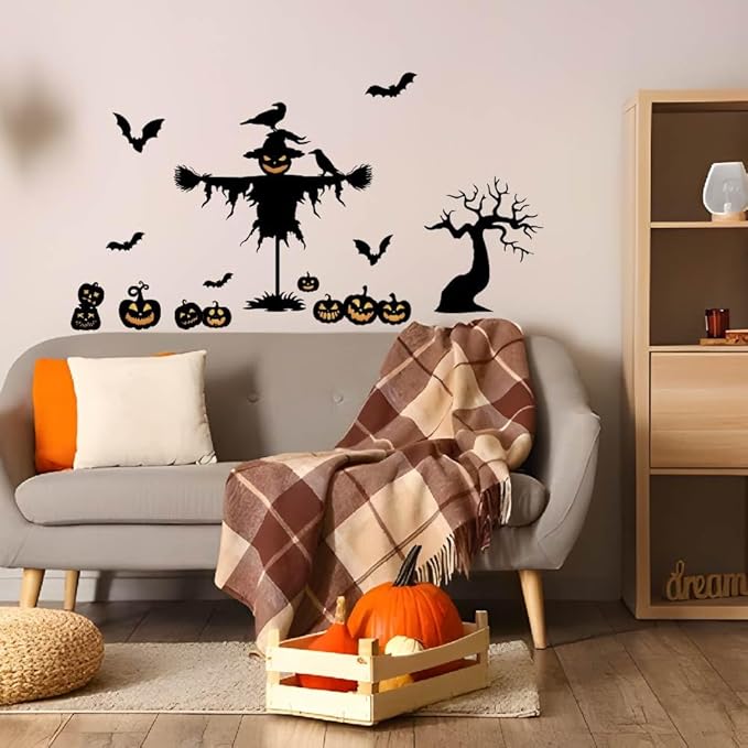 SUPERDANT Halloween Wall Stickers Pumpkin Scarecrow Wall Decals Crows Trees Wall Sticker Halloween Stickers for Kids Halloween Window Decoration for Halloween Party Decorations