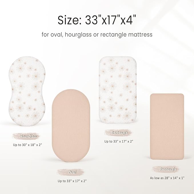 Muslin Bassinet Sheets Baby: Cotton Bassinet Sheets Fitted for Boys and Girls - Bassinet Sheets for Oval Rectangle or Hourglass Mattress(Nudepink Daisy)