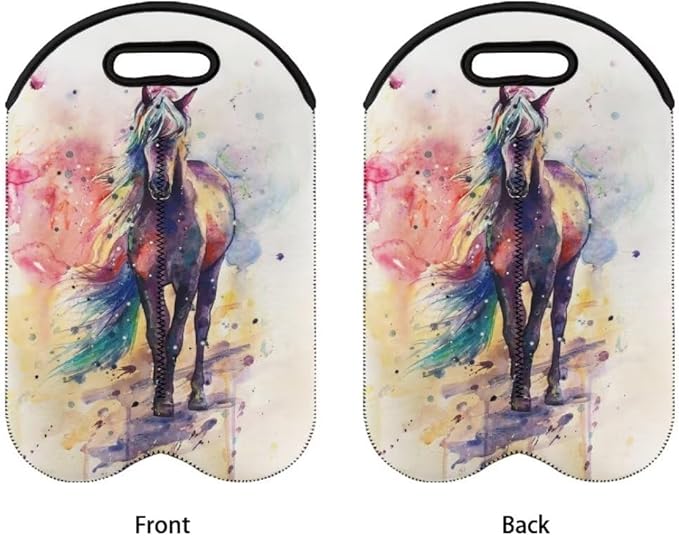 doginthehole Horse Wine Bottle Travel Bag 2-Bottle Wine Carrying Tote Picnic Cooler Bag Watercolour Animal Print Champagne Carrier Bag Portable Neoprene Wine Tote Holders Insulated Sleeve