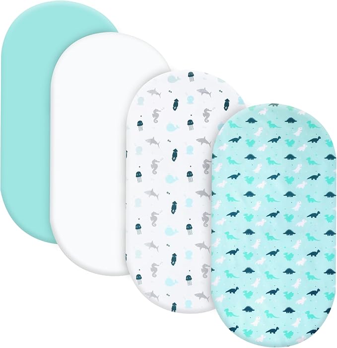 Baby Bassinet Fitted Sheets 4 Pack Compatible with 4moms MamaRoo Sleep, Regalo Baby Basics Bassinet and Chicco Close to You 3-in-1 Bedside, Ultra Soft and Skin-Friendly, Aqua Dinosaurs & White Ocean