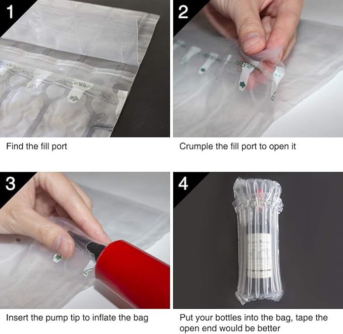 STNTUS INNOVATIONS Wine Bottle Protector, 15 Pack Bubble Cushion Wrap Sleeves for Luggage, Airplane Travel, Transport, Safety Shipping, Inflatable Air Filled Packaging Bags with Pump.