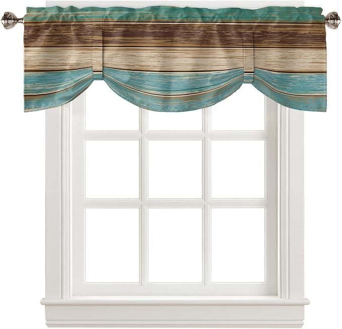 Farmhouse Blackout Tie Up Valance Curtains for Kitchen Windows Teal Turquoise Green Brown Country Window Toppers Balloon Shades for Living Room/Bathroom/Bedroom,42" X 12" Retro Rustic Barn Wood