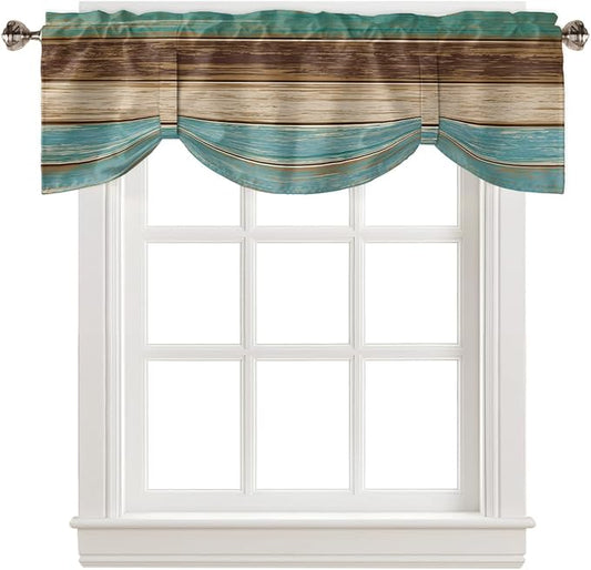 Farmhouse Blackout Tie Up Valance Curtains for Kitchen Windows Teal Turquoise Green Brown Country Window Toppers Balloon Shades for Living Room/Bathroom/Bedroom,54" X 18" Retro Rustic Barn Wood