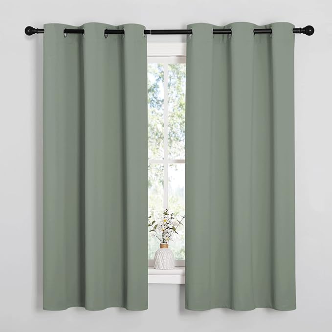 NICETOWN Greyish Green Nursery Essential Thermal Insulated Solid Grommet Top Blackout Short Curtains/Drapes for Son's Room (1 Pair, 42 x 63 inches)