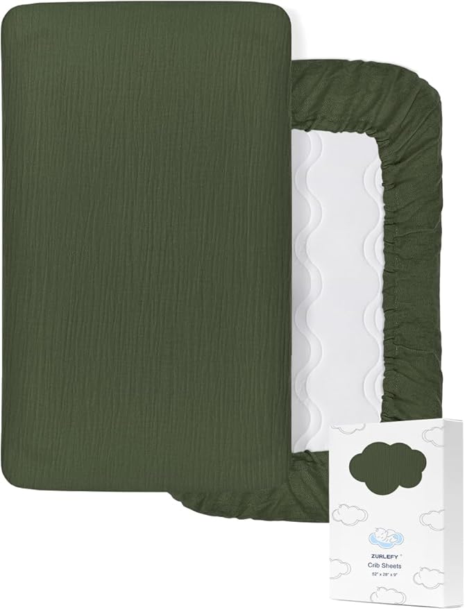Olive Green Baby Crib Sheets, Soft Muslin Baby Crib Sheets for Standard Crib Mattress, 28" x 52" Neutral Cotton Toddler Bed Sheet (46C-10)