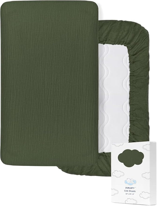 Olive Green Baby Crib Sheets, Soft Muslin Baby Crib Sheets for Standard Crib Mattress, 28" x 52" Neutral Cotton Toddler Bed Sheet (46C-10)