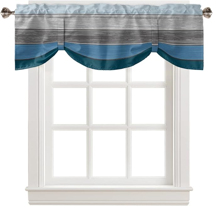 Farmhouse Blackout Tie Up Valance Curtains for Kitchen Windows,Blue Gray Ocean Hues Window Toppers Balloon Shades for Living Room/Bathroom/Bedroom,1 Panel,54" X 18" Retro Rustic Barn Wood Texture