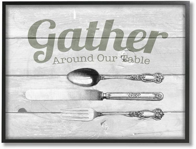Stupell Industries Gather Silverware Kitchen Wood Texture Word, Design by The Saturday Evening Post Wall Art, 11 x 14, Black Framed