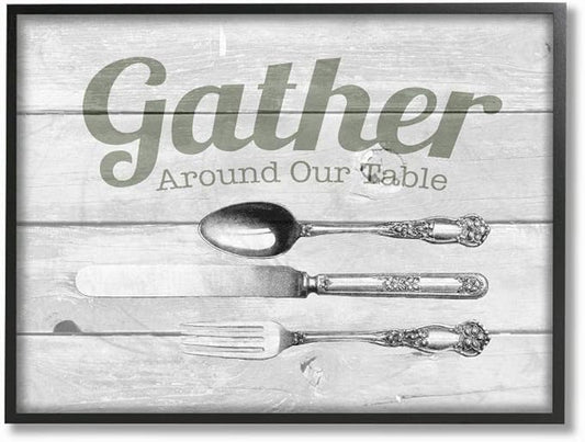 Stupell Industries Gather Silverware Kitchen Wood Texture Word, Design by The Saturday Evening Post Wall Art, 11 x 14, Black Framed