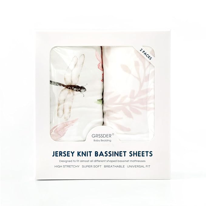 Stretch Ultra Soft Fitted Bassinet Sheet Set 2 Pack, Universal Fit for Bassinets Baby Cradle Moses Basket Oval Rectangle Mattress Safe and Snug, Beautiful Flowers and Insects Pattern for Baby Girls