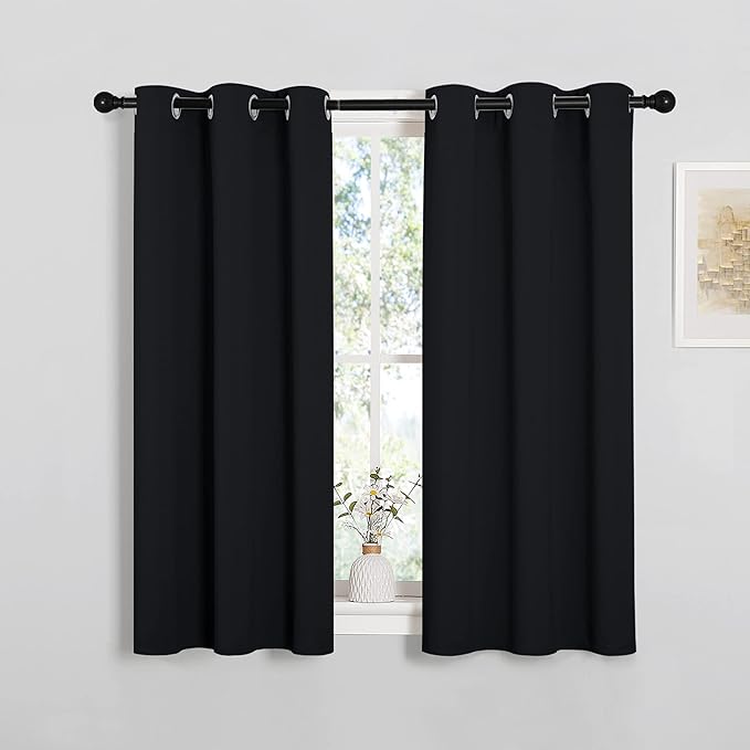 NICETOWN Halloween Bathroom Blackout Curtains and Drapes, Black Solid Thermal Insulated Grommet Blackout Drapery Panels for Window (2 Panels, 34 inches Wide by 45 inches Long, Black)