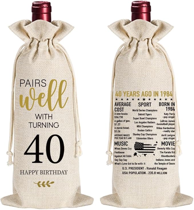 Qubereeree 40th Birthday Gifts for Women Men Funny 40 Year Ago in 1984 Birthday Party Decorations Wine Bags for Mom Dad Grandma Coworker, 40 Year Old Birthday Gifts Vintage 1984 Wine Bag-3