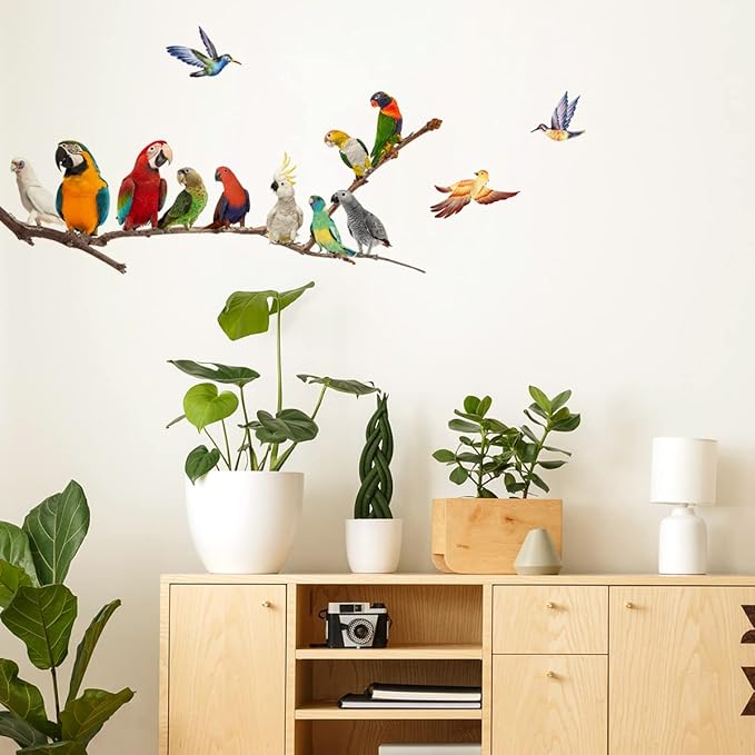 Parrot Wall Decals, Watercolor Bird On Wire Wall Decals, Removable Creative Bird Wall Stickers Birds on The Tree Branch Flower Decals Garden Living Room Bedroom TV Wall Decorations