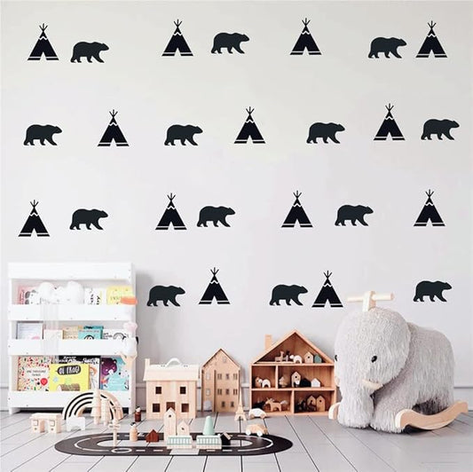 DIY 52 Pieces/Pack Tribal Tent and Bear Wall Decor Sticker for Kids Room Nursery Bedroom Baby Decoration Vinyl Wall Decal Mural AFN109 (Black)