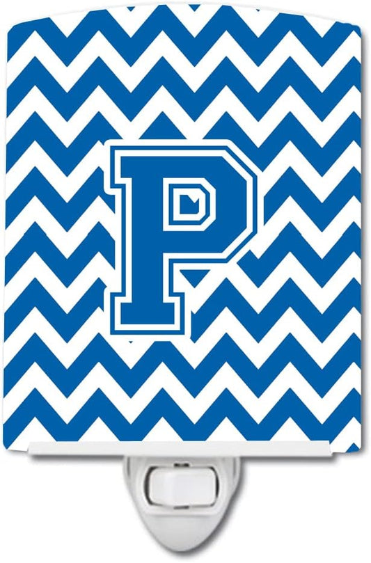 Caroline's Treasures CJ1056-PCNL Letter P Chevron Blue and White Ceramic Night Light Compact, UL-Certified, Ideal for Bedroom, Bathroom, Nursery, Hallway, Kitchen, 6x4x3, Multicolor