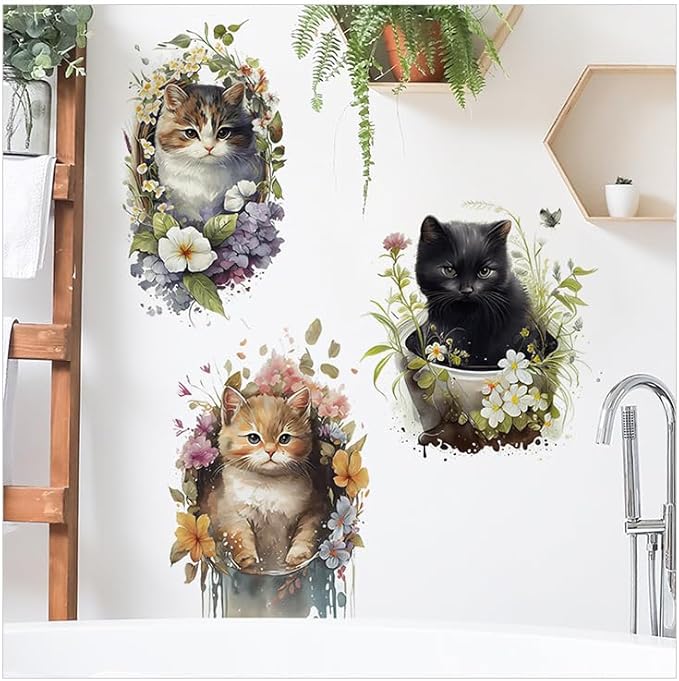 Cute Cat Wallpaper Murals for Nursery Room Toilet Kitchen Offices,Plant Pot Wall Stickers for Living Room Bedroom