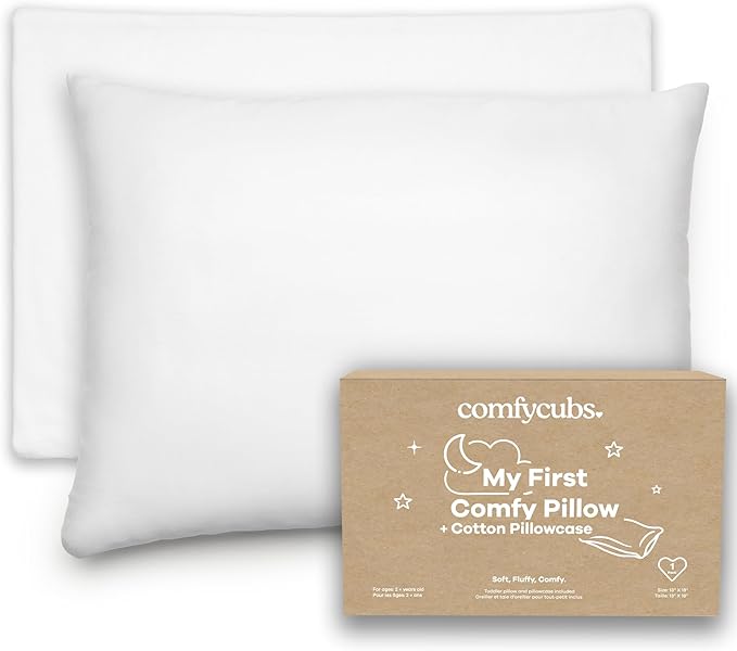 Comfy Cubs Toddler Pillow with Soft Cotton Pillowcase, 13"x18", White - Kids Pillow for Sleeping & Travel - Adorable & Comfortable Small Pillow - Kids Travel Pillow with Breathable Microfiber Fill