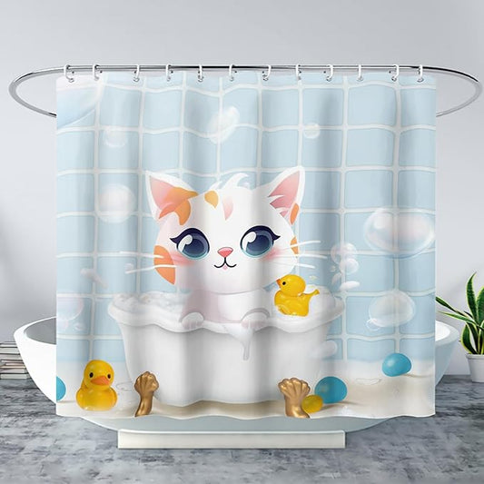 AILONEN Cartoon Bathtub Cat Shower Curtain for Kids 72" W*84" H Kawaii Shower Kitten and Duck Shower Curtain,Polyester Waterproof Fabric Decor for Bathroom Bathtub Panels