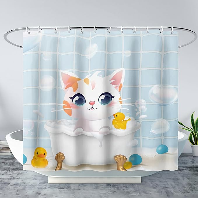 AILONEN Cartoon Bathtub Cat Shower Curtain for Kids 60" W*72" H Kawaii Shower Kitten and Duck Shower Curtain,Polyester Waterproof Fabric Decor for Bathroom Bathtub Panels