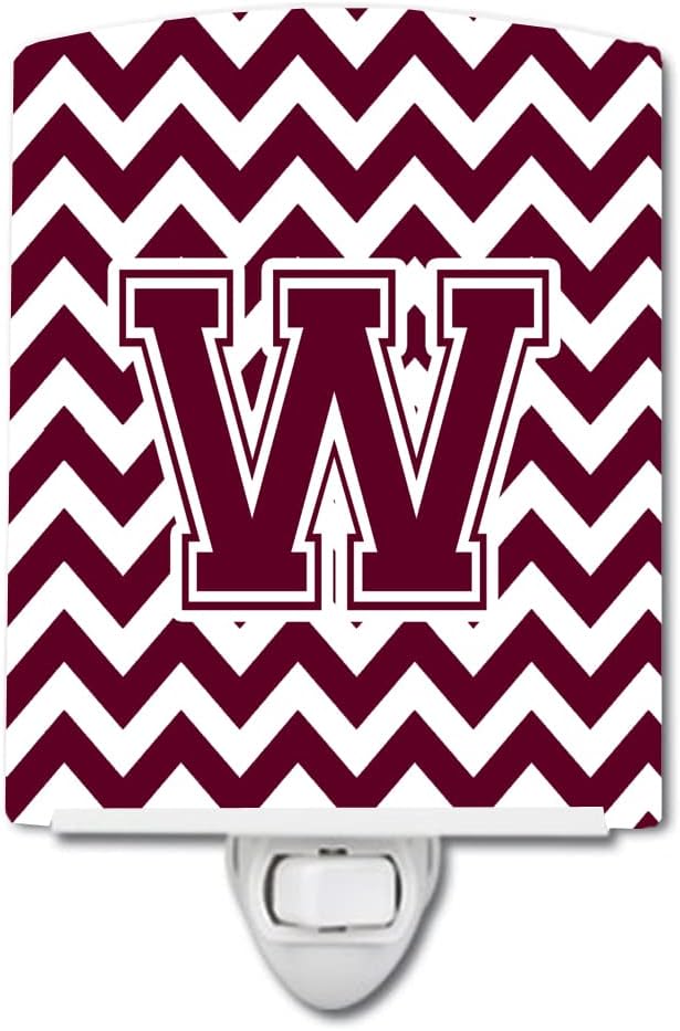 Caroline's Treasures CJ1051-WCNL Letter W Chevron Maroon and White Ceramic Night Light Compact, UL-Certified, Ideal for Bedroom, Bathroom, Nursery, Hallway, Kitchen, 6x4x3, Multicolor