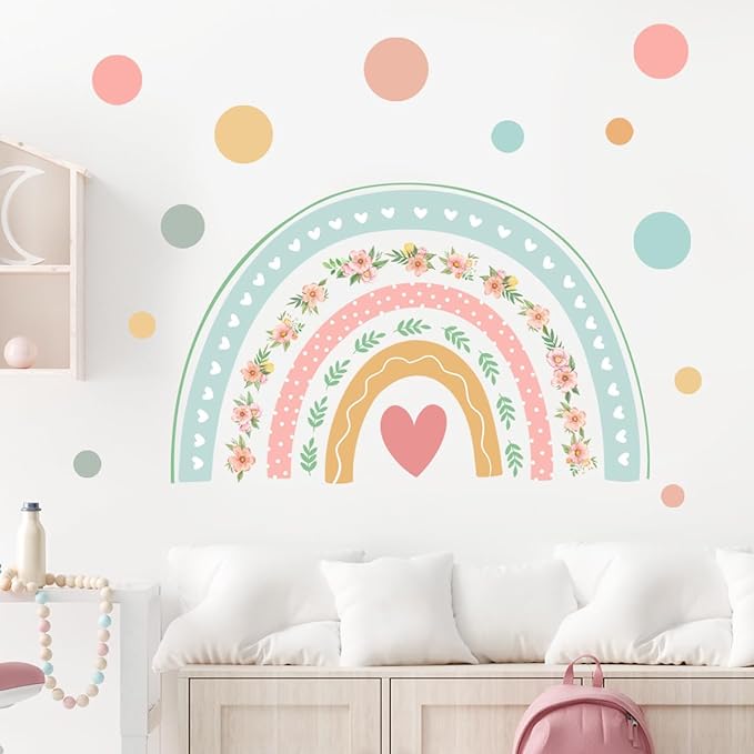 Large Boho Rainbow Wall Decals Boho Polka Dot Flower Rainbow Wall Stickers Peel and Stick Nursery Wallpaper Vinyl Decals for Home Farmhouse Girls Bedroom Decoration