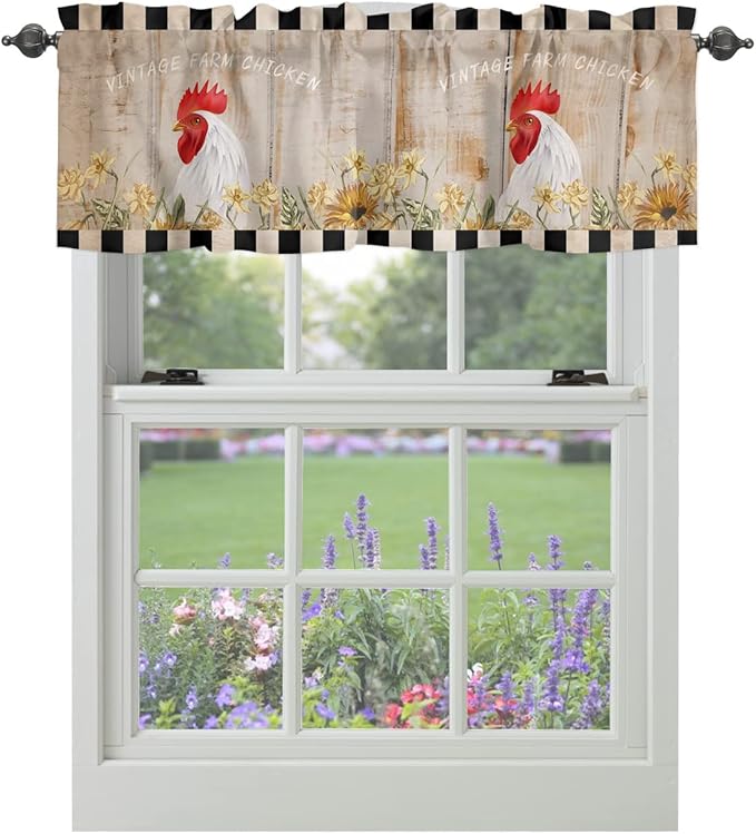 Farmhouse Kitchen Curtains Valances for Windows Sunflower Vintage Farm Chicken Rod Pocket Window Treatment for Kitchen/Living Room/Bedroom/Bathroom,42" X 12" -1 Panel, Black White Plaid