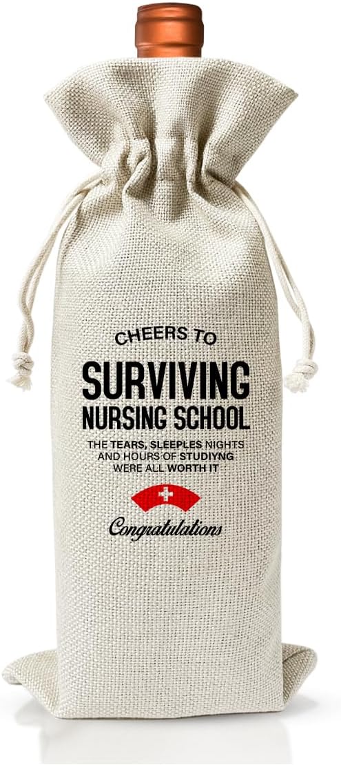 Nurse Graduation Gift Wine Bag, Nursing School Graduation Party Decor, Cheers To Surviving Nursing School, Nurse Appreciation Gifts For Rn Nurses Practitioner, Reusable Burlap Wine Bag