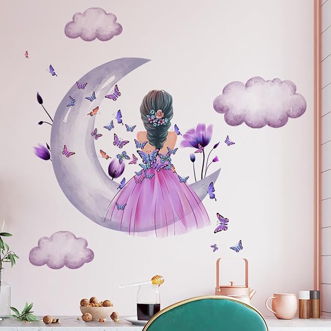 Fairy Girl Wall Sticker Moon Butterfly Fairy Girl Wall Decals Removable Wall Decals Waterproof Wall Mural for Kids Nursery Bedroom